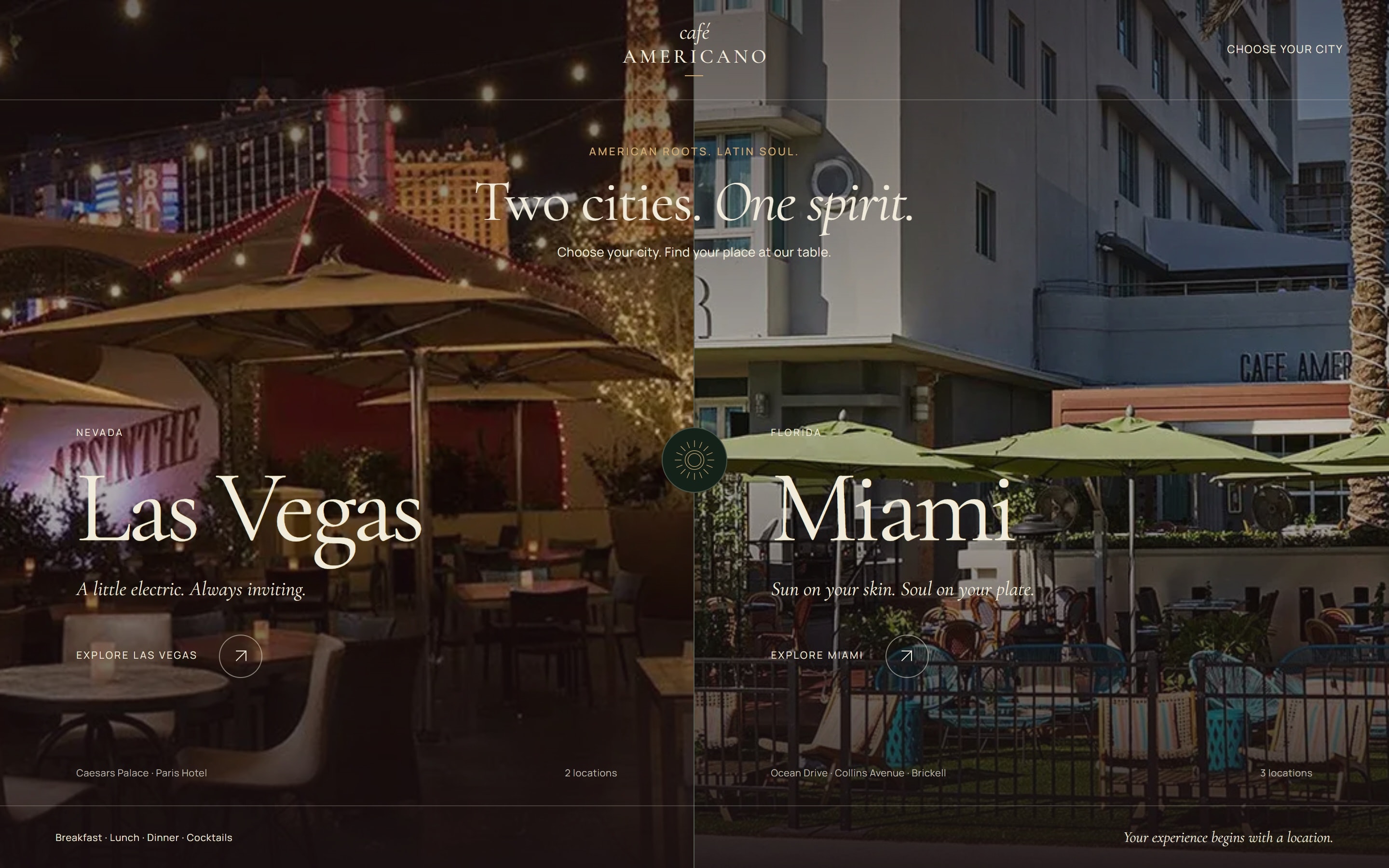 Café Americano concept with Las Vegas and Miami city selection