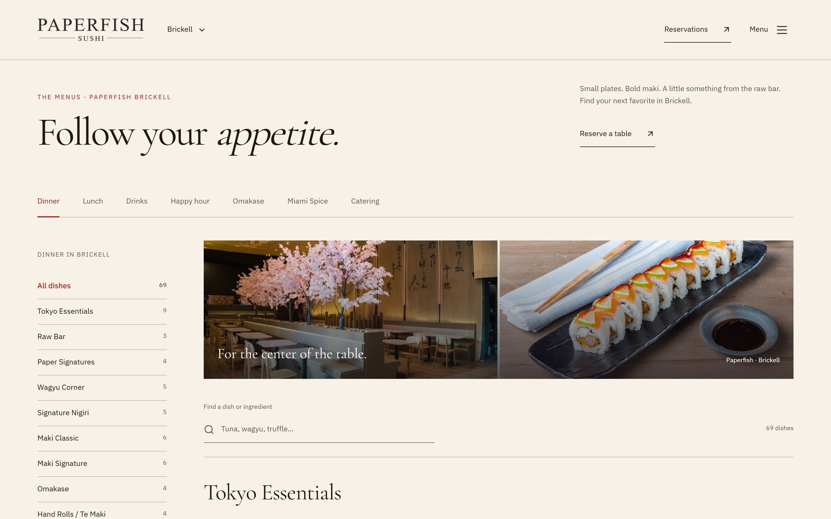 Paperfish concept menu with meal tabs, dish categories, and food photography