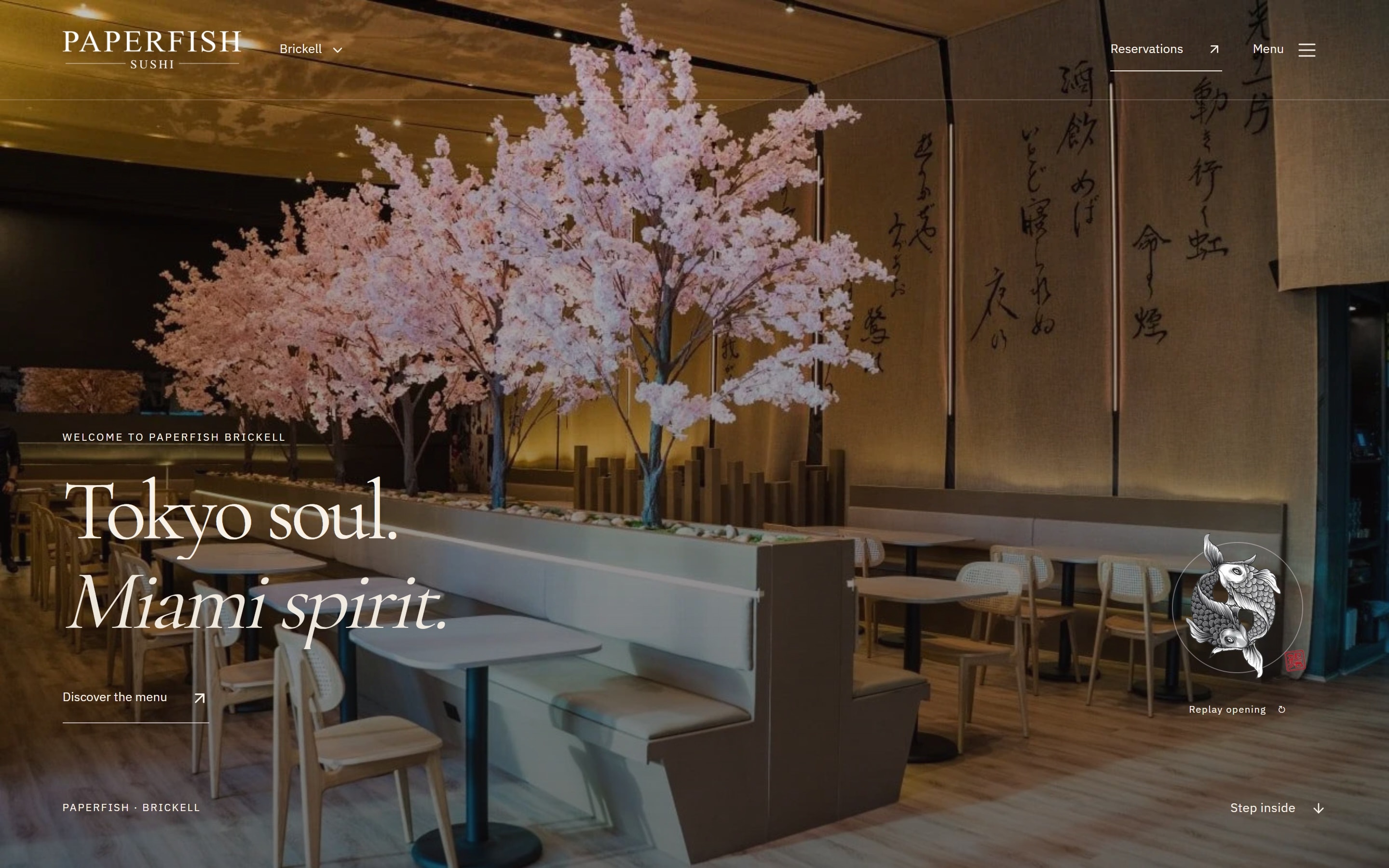 Paperfish Brickell concept opening with cherry blossoms, the dining room, and Tokyo soul. Miami spirit.