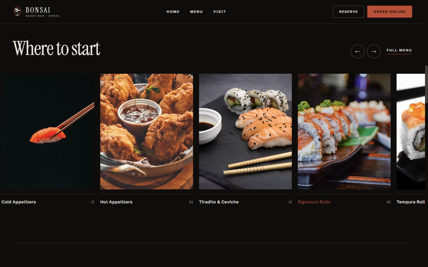 Proposed Bonsai Sushi menu page with photographed categories and a house-favourites grid