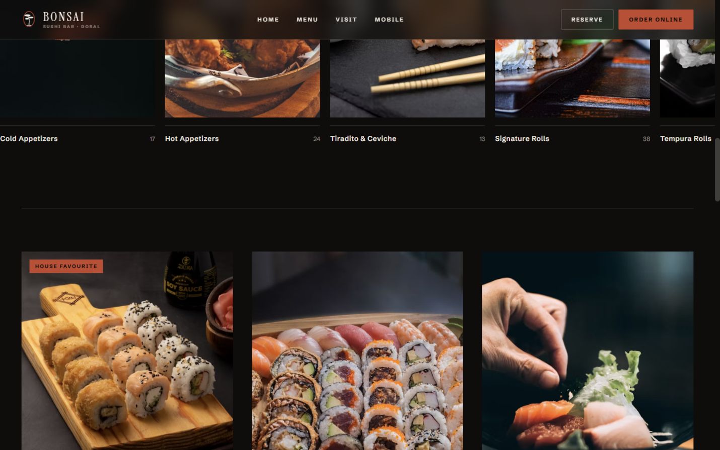 Proposed Bonsai Sushi menu page with photographed categories and a house-favourites grid