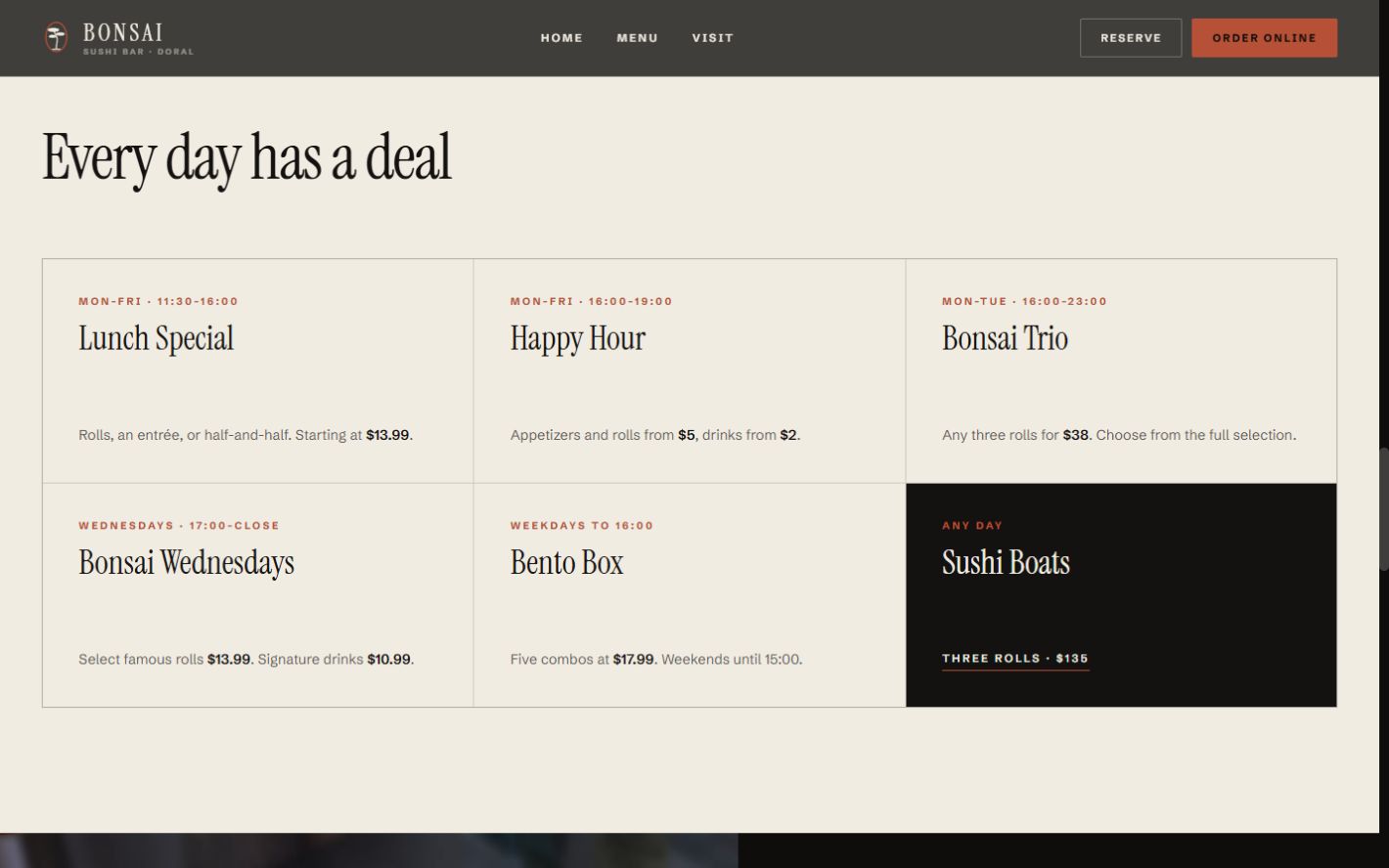Proposed Bonsai Sushi offers page with a six-cell grid of weekly deals