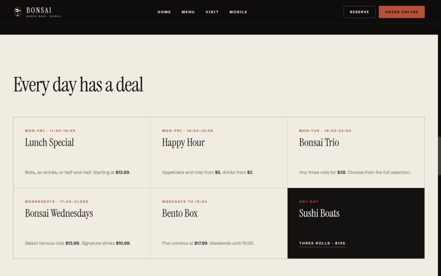 Proposed Bonsai Sushi offers page with a six-cell grid of weekly deals