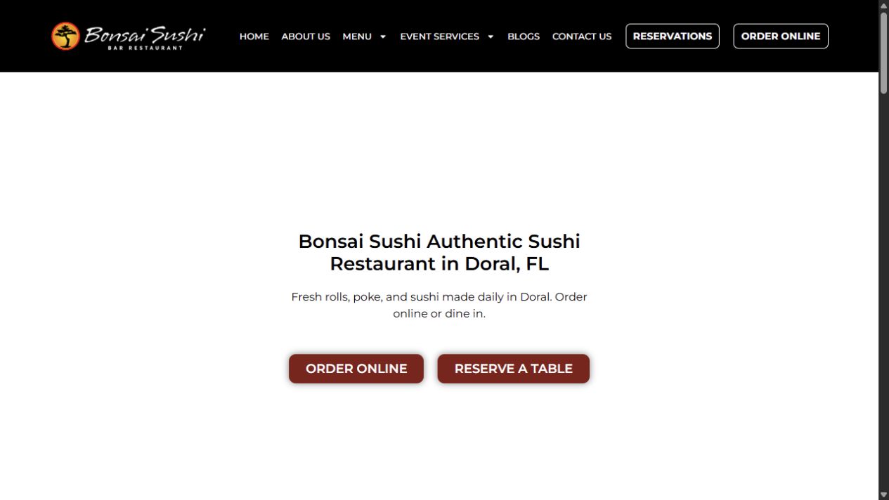 Current public Bonsai Sushi homepage with navigation, headline, and order and reservation buttons