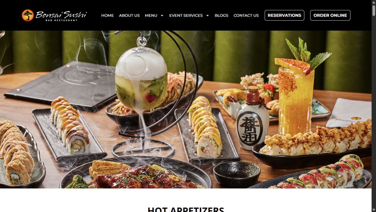 Current public Bonsai Sushi menu page with a promotional header and menu categories