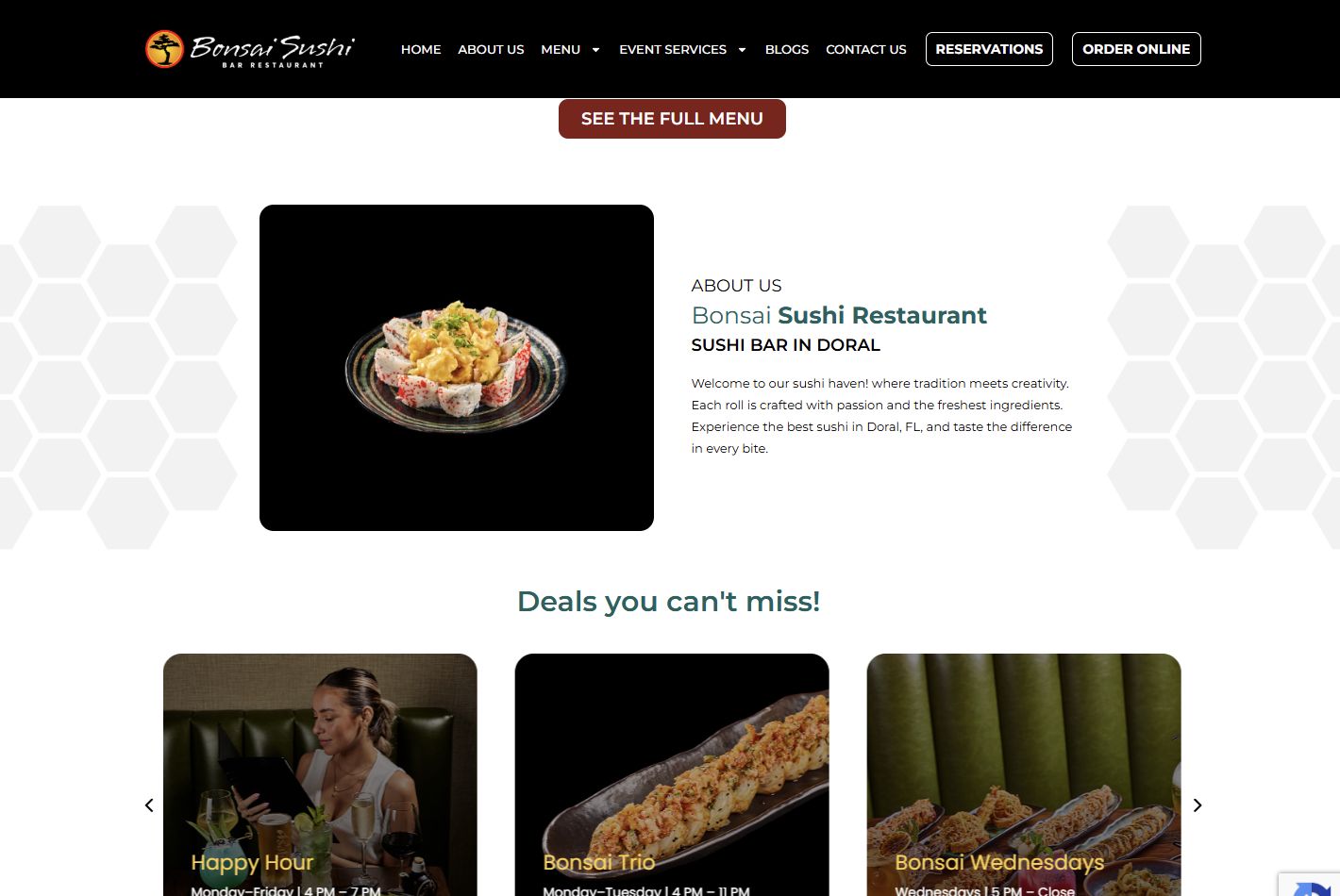 Current public Bonsai Sushi homepage showing its restaurant introduction and rotating deal cards