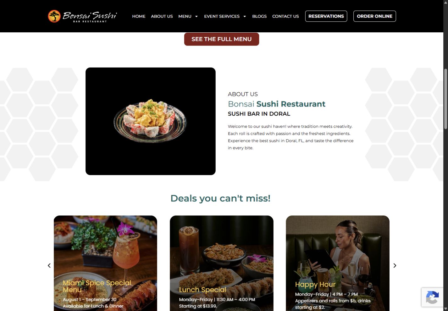 Current public Bonsai Sushi homepage showing the restaurant introduction and featured food imagery