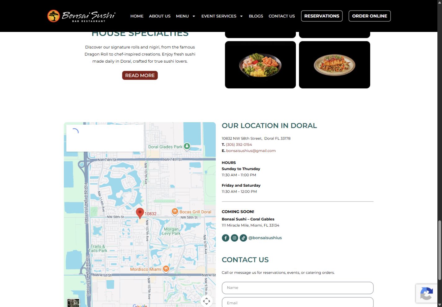 Current public Bonsai Sushi location section with map, address, hours, phone number, and contact form