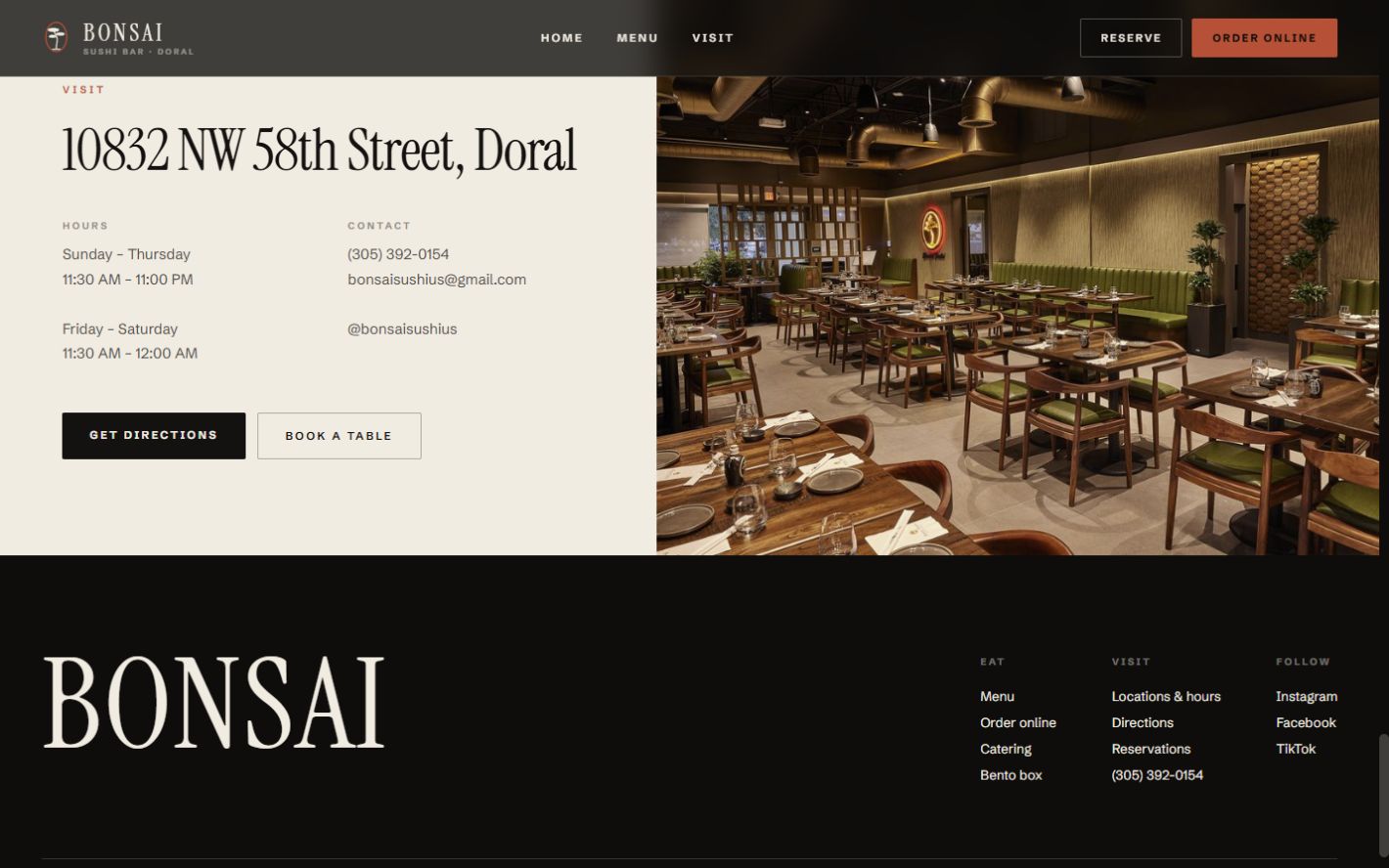 Proposed Bonsai Sushi visit section with address, hours, contact details, and directions