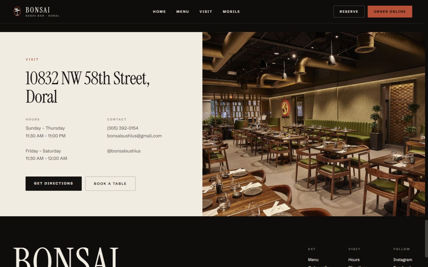 Proposed Bonsai Sushi visit section with address, hours, contact details, and directions