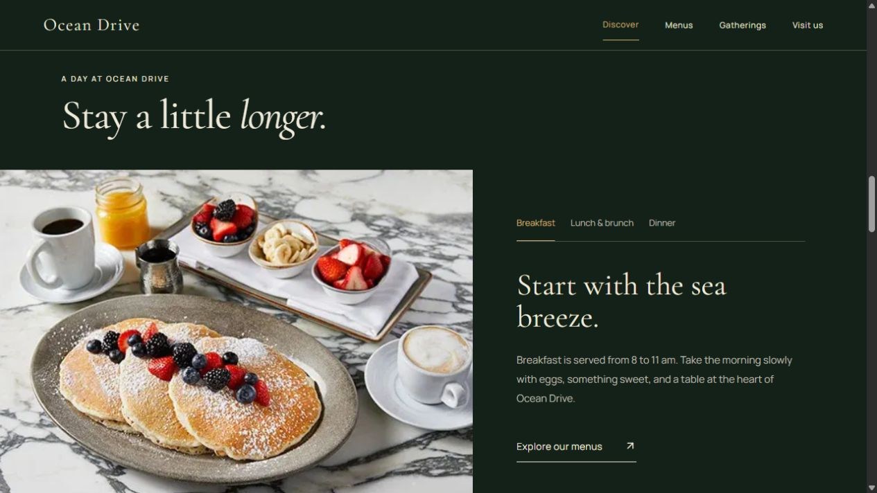 Cafe Americano breakfast experience with pancake photography, dining tabs, and a menu link