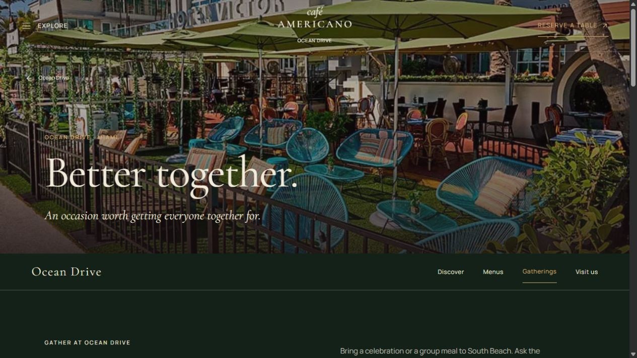 Cafe Americano gatherings page with terrace photography and the headline Better together.