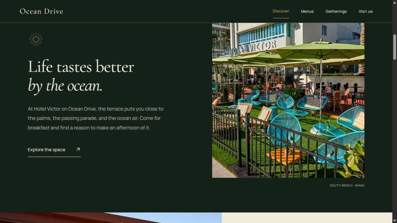 Cafe Americano restaurant story with cream typography on a deep green background beside terrace photography