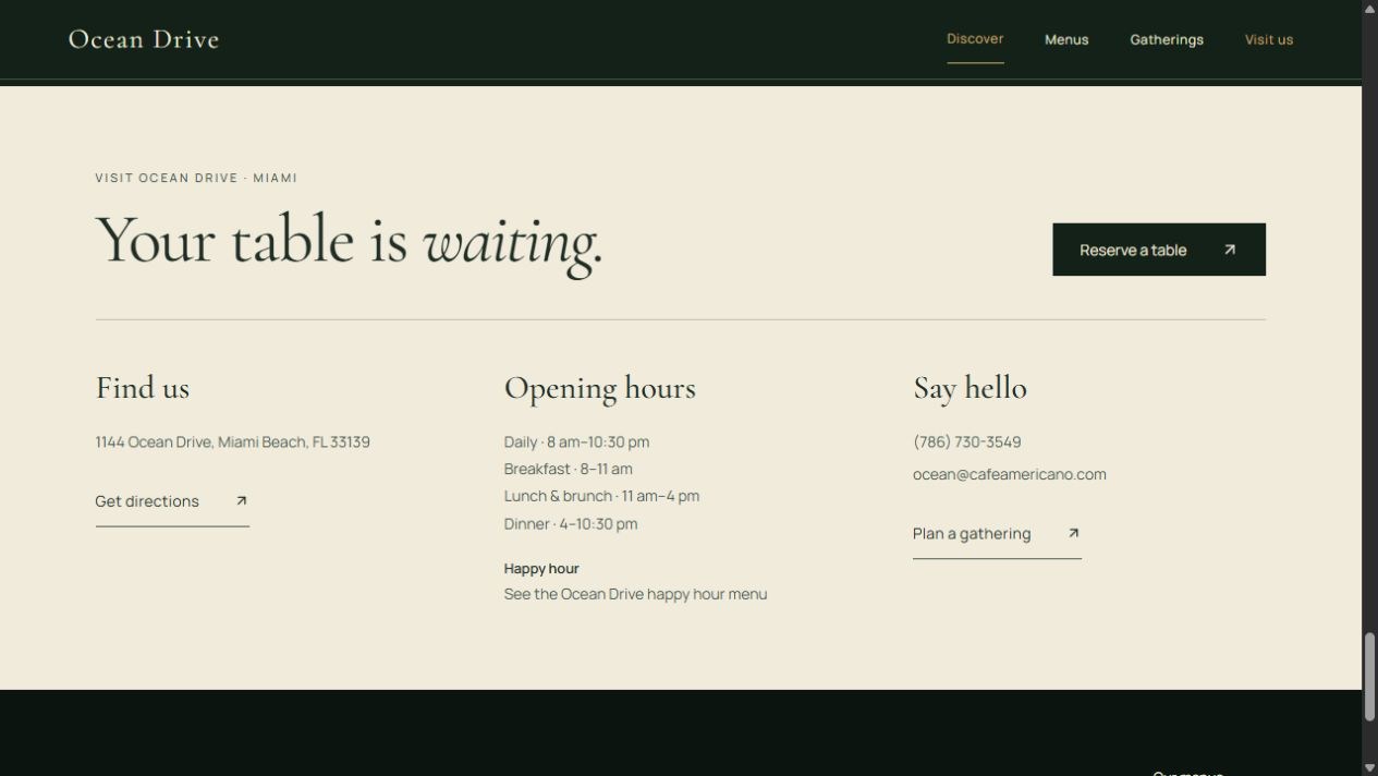 Cafe Americano visit section showing directions, hours, contact details, and a reservation action