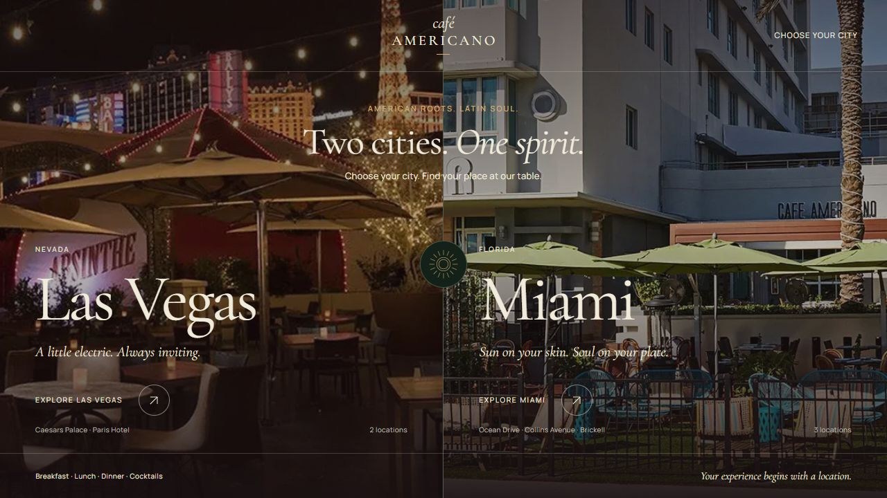 Café Americano concept with side-by-side Las Vegas and Miami photographs and city selection