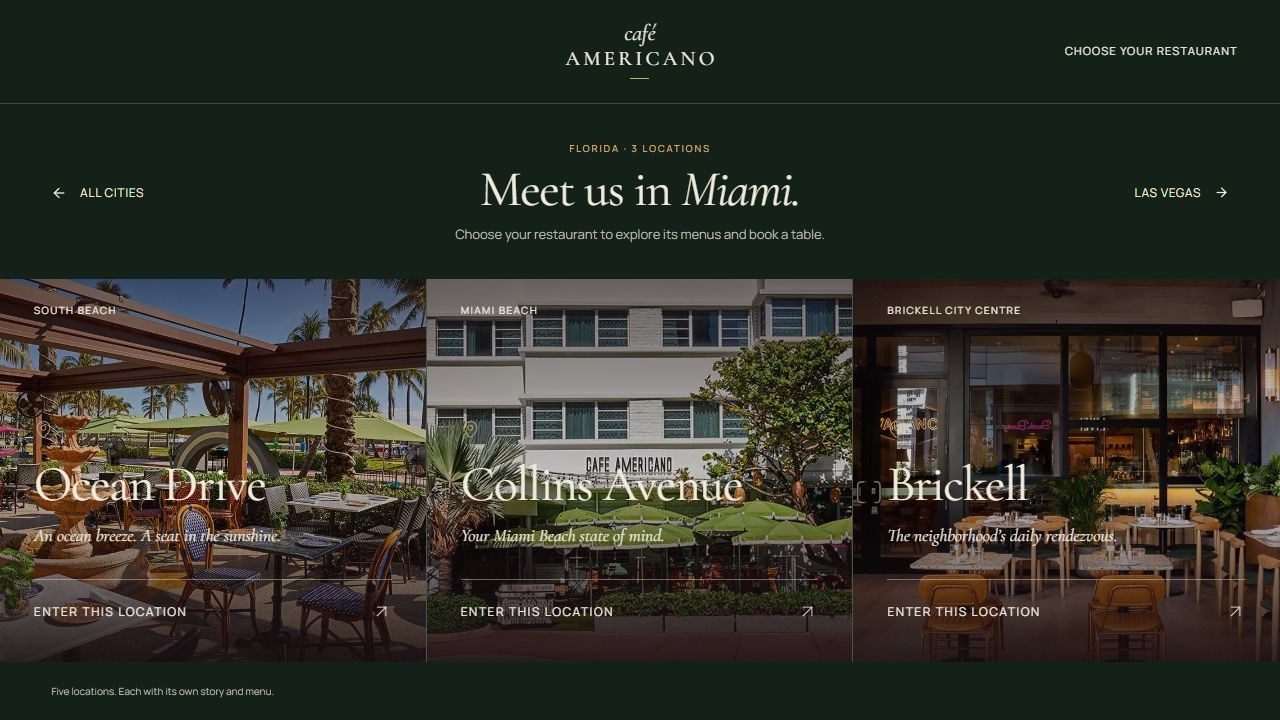 Proposed Café Americano Miami selection with Ocean Drive, Collins Avenue, and Brickell restaurant cards