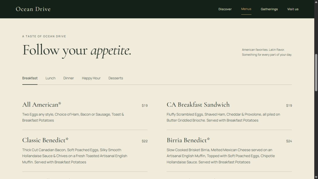 Proposed Ocean Drive breakfast selection with category tabs, dish descriptions, prices, and generous spacing