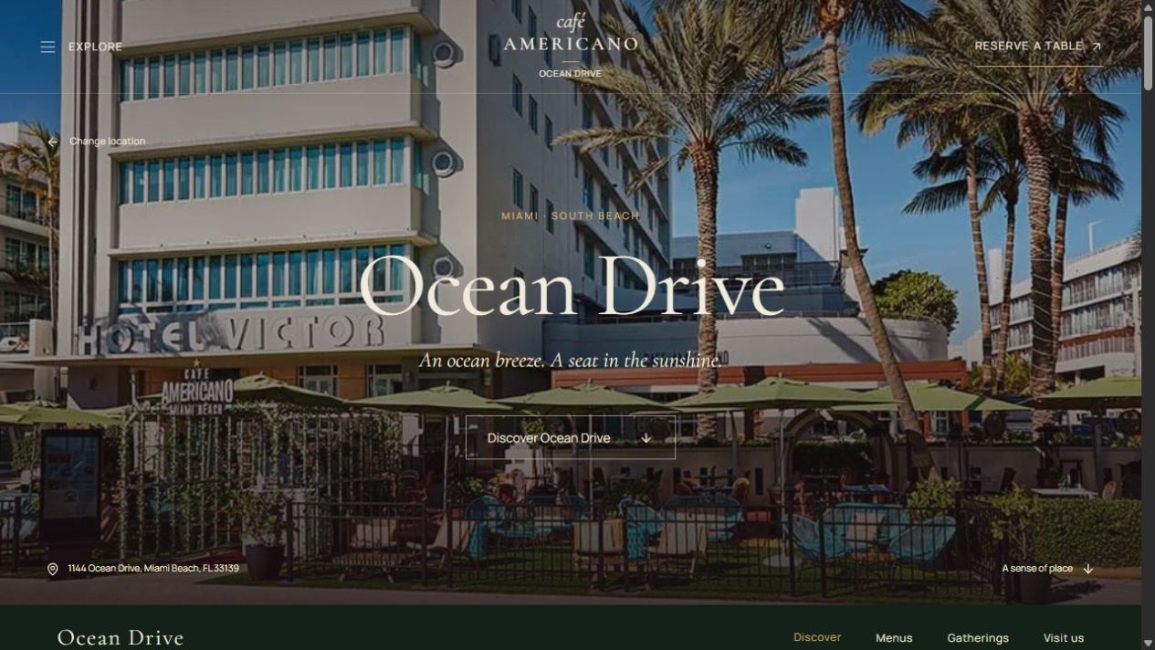 Proposed Ocean Drive restaurant opening with a full-width exterior photograph, location title, and reservation link