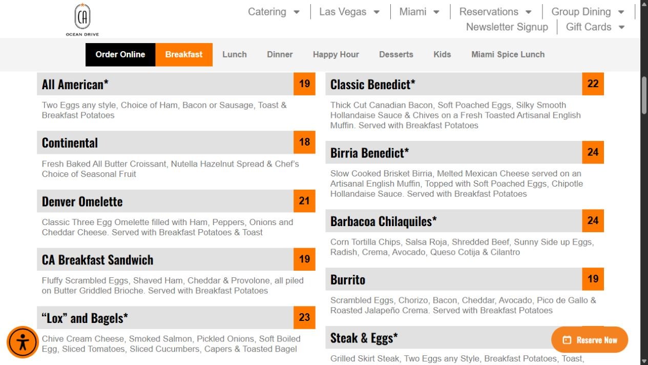 Original Ocean Drive breakfast menu with two columns of dishes, gray title bars, and orange prices
