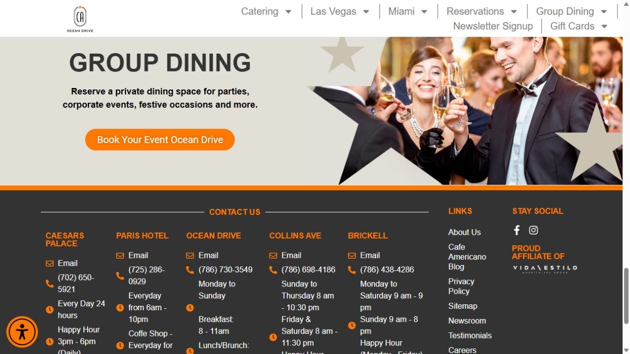 Original Ocean Drive group dining section with celebration photography and an event booking button