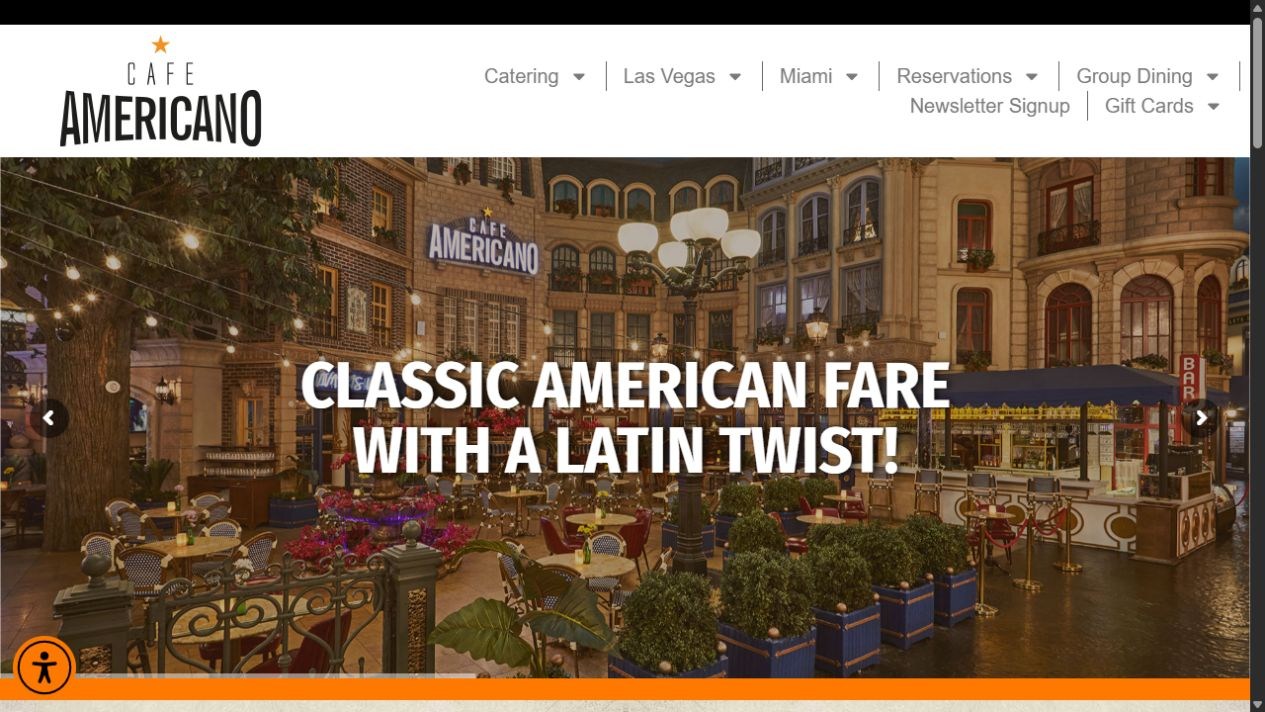 Original Café Americano homepage with a restaurant photograph and navigation above a bold headline