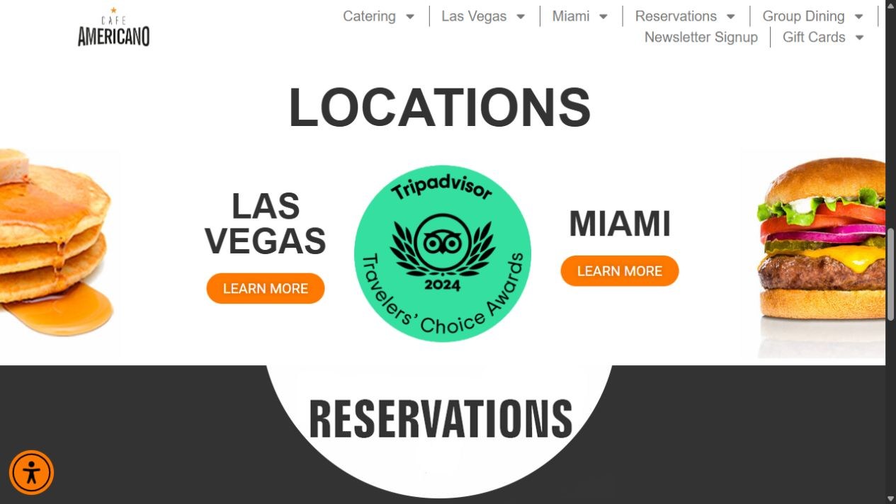 Original Café Americano location section with Las Vegas and Miami links