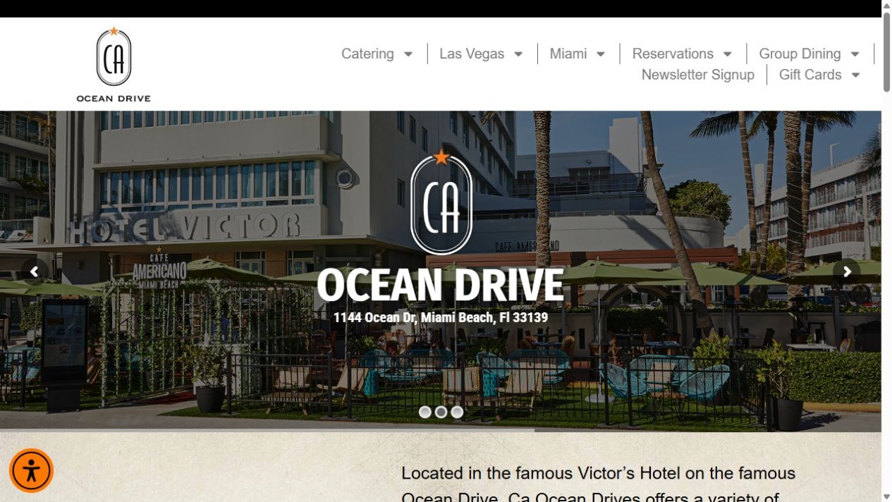 Original Café Americano Ocean Drive page with a location logo over the Hotel Victor exterior