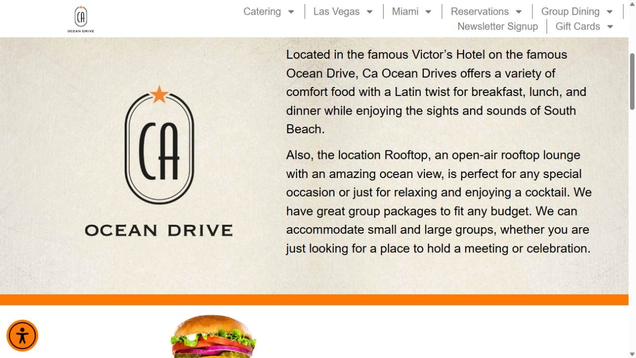 Original Ocean Drive introduction with a large restaurant logo beside two paragraphs of text