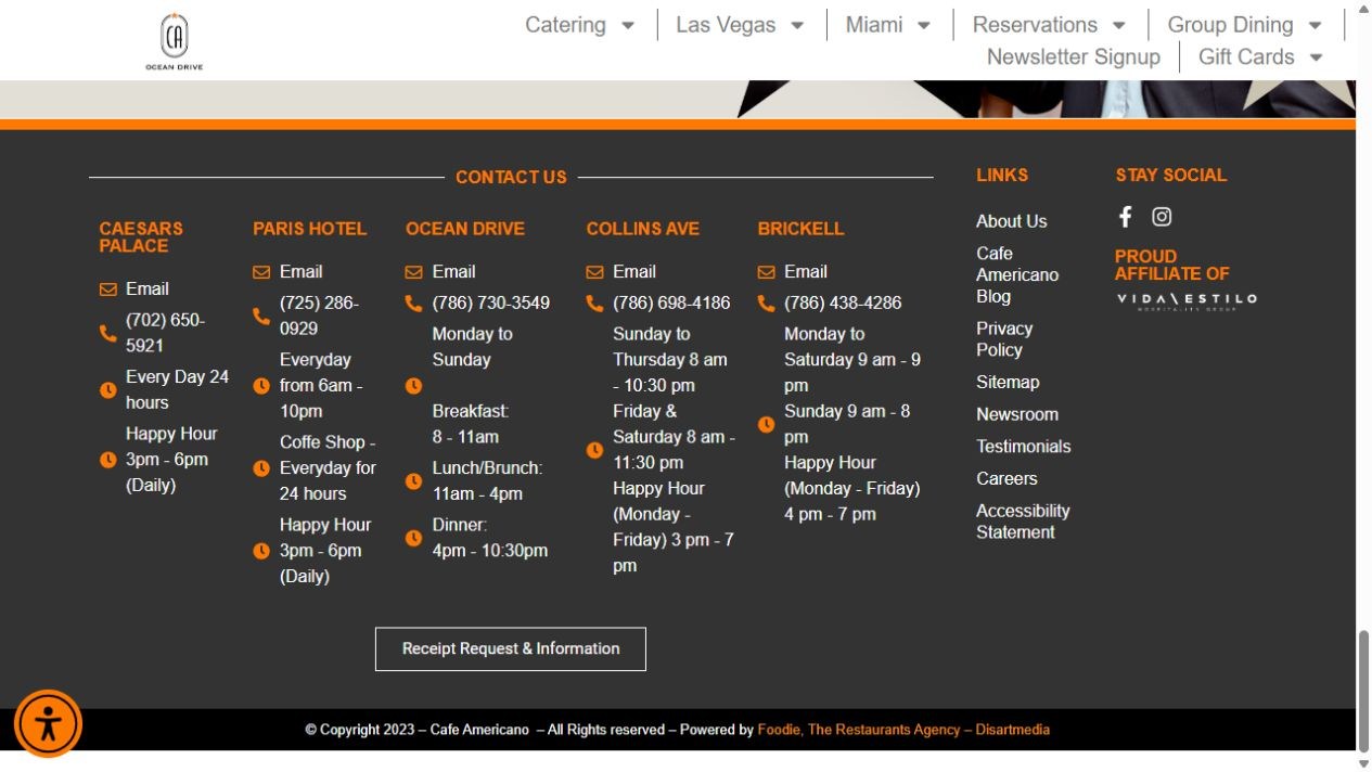 Original Cafe Americano footer listing contact information and opening hours for five restaurants