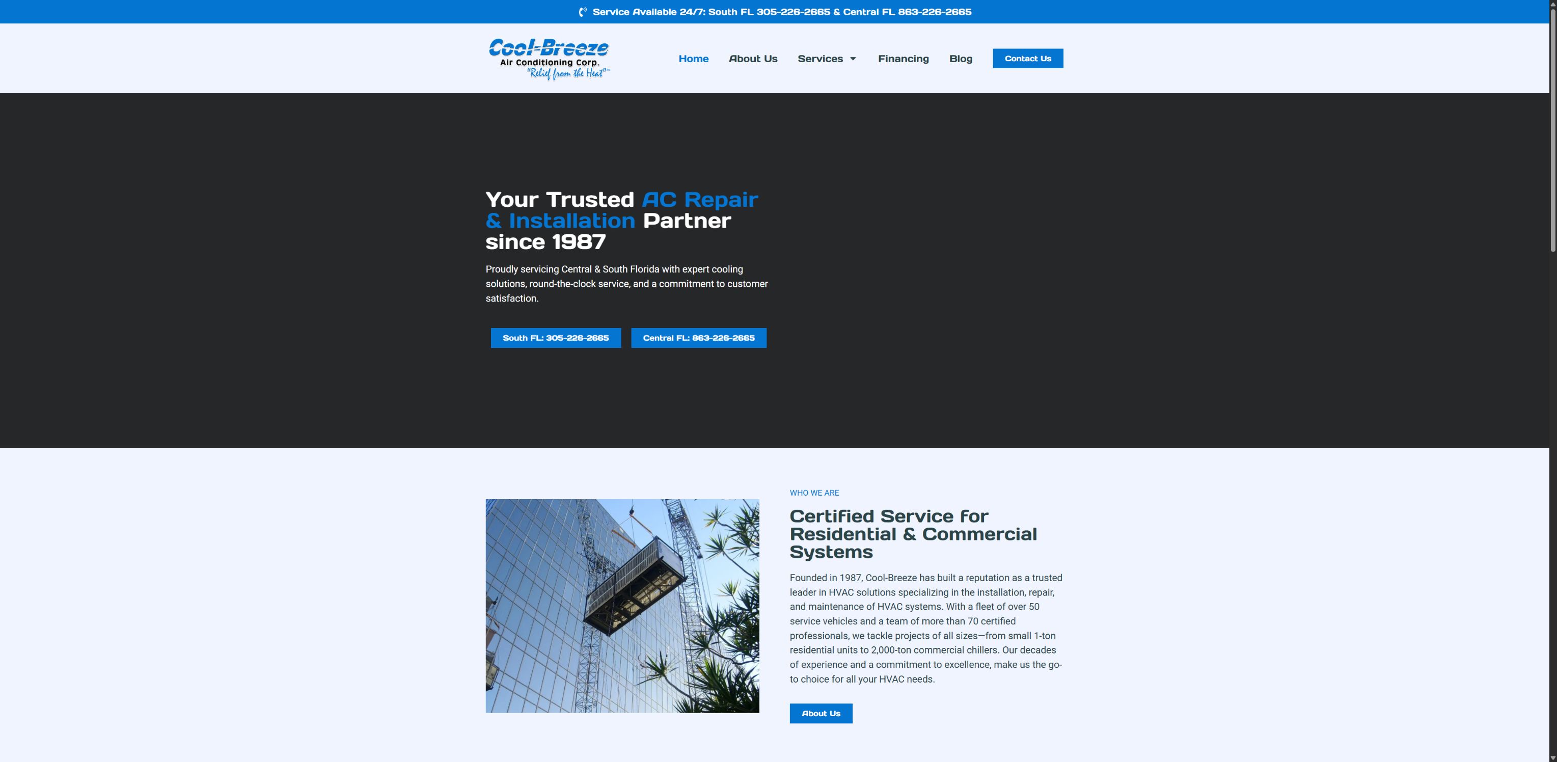 Current public Cool-Breeze Air Conditioning homepage with service message, regional phone numbers, and company introduction