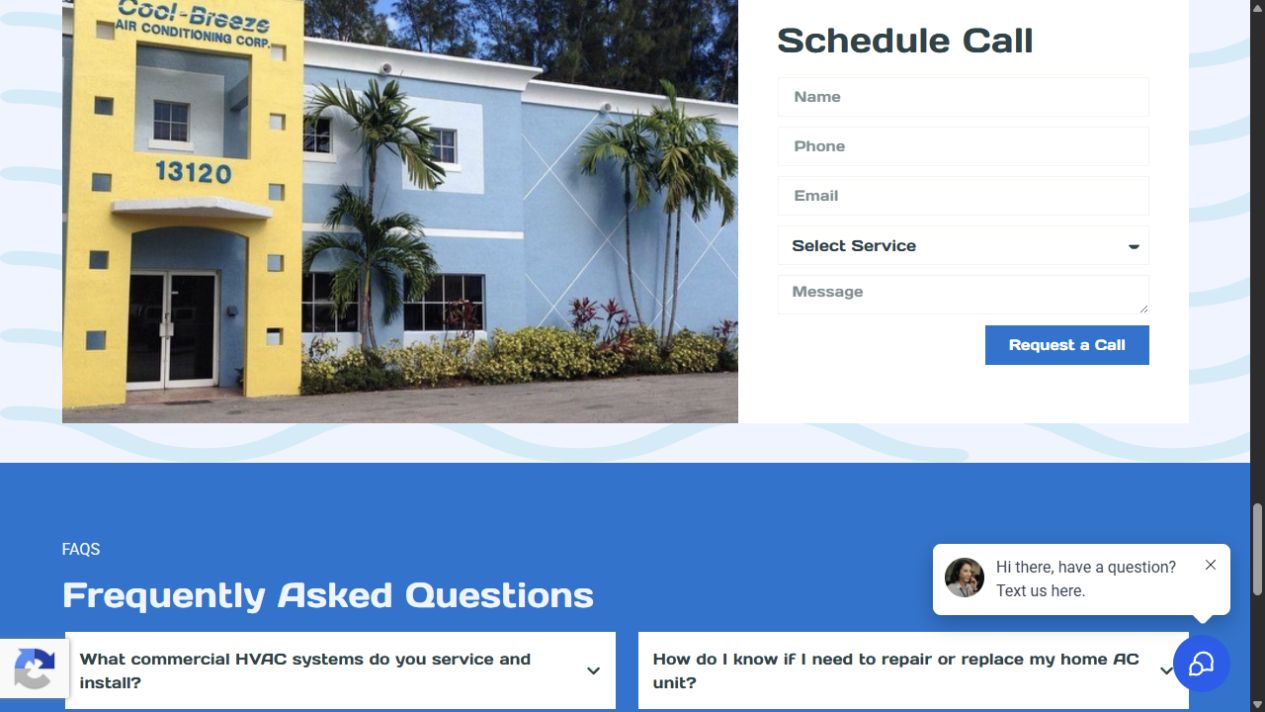 Current public Cool-Breeze service request section with a schedule-call form