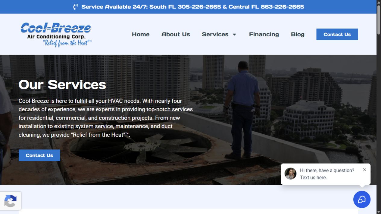Current public Cool-Breeze services page with an HVAC technician, service summary, and contact action