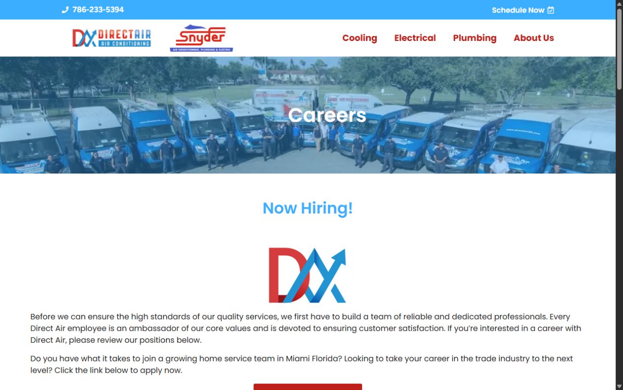 Current public Direct Air careers page with a fleet banner, hiring introduction, and company logo