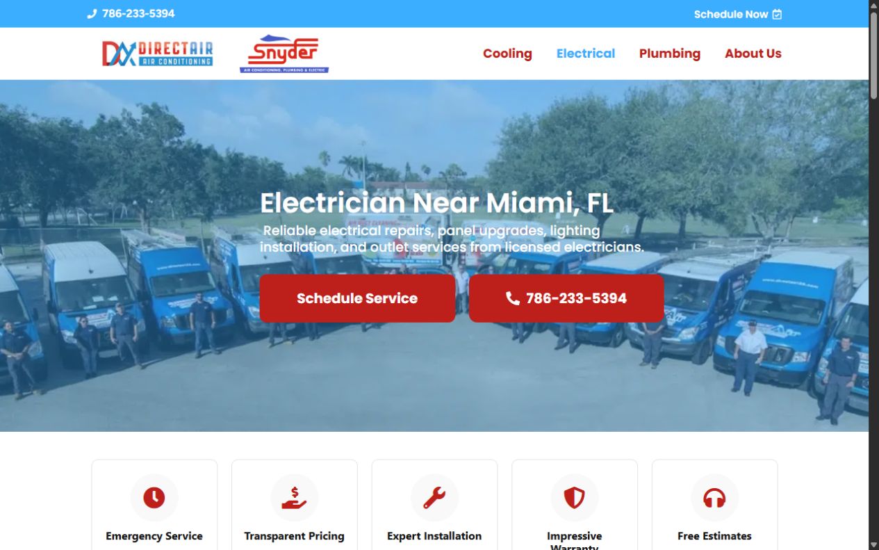 Current public Direct Air electrical page with fleet photography, scheduling action, and phone number