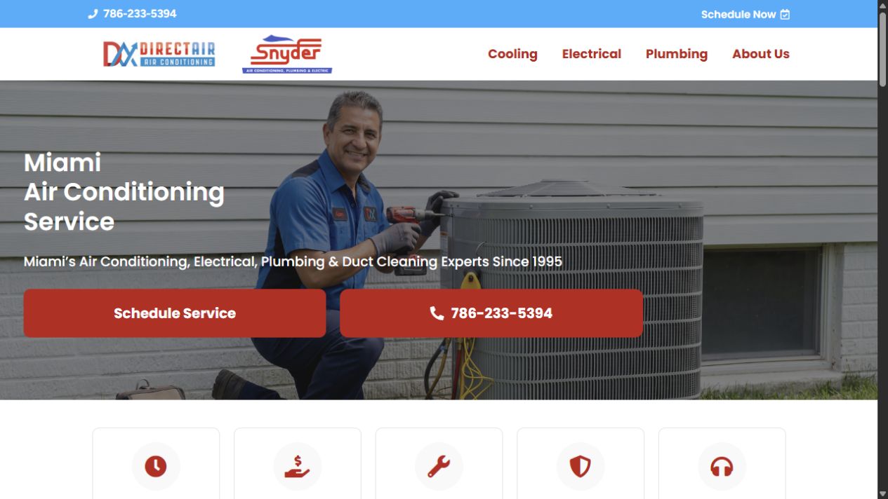 Current public Direct Air homepage with technician photography, service headline, schedule action, and phone number