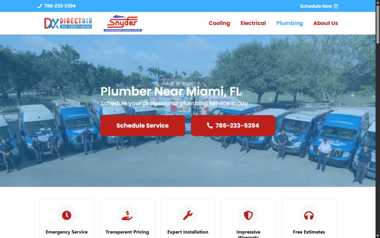 Current public Direct Air plumbing page with fleet photography, scheduling action, and phone number