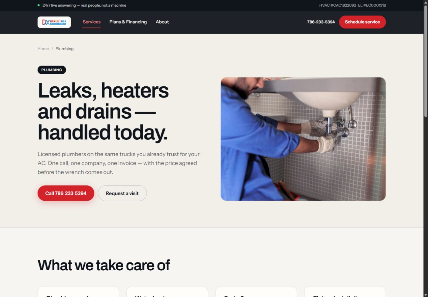Proposed Direct Air plumbing page with a technician repairing sink pipes and same-day service actions