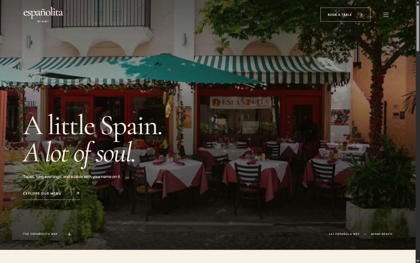 Españolita concept homepage with outdoor dining, striped awnings, and the headline A little Spain. A lot of soul.