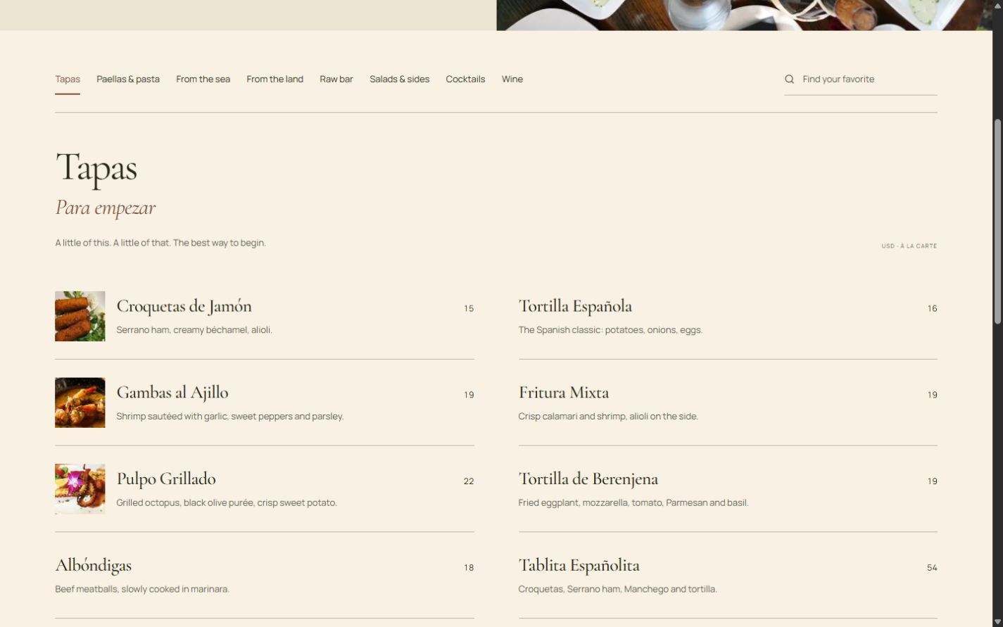 Proposed Españolita menu with category controls, search, and tapas dishes arranged in two columns