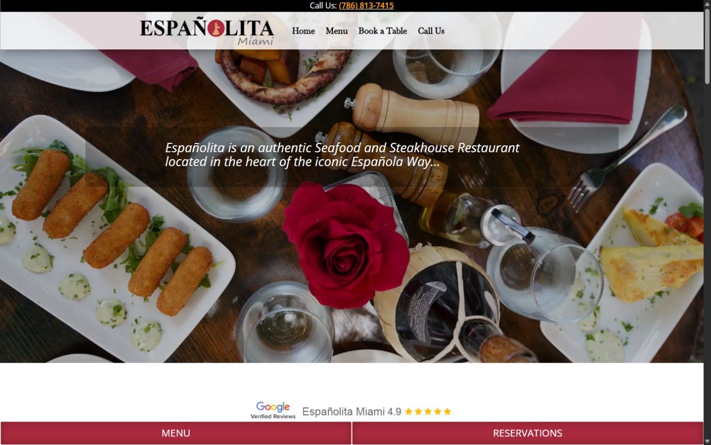 Original Españolita homepage with food photography, restaurant introduction, and fixed menu and reservation links