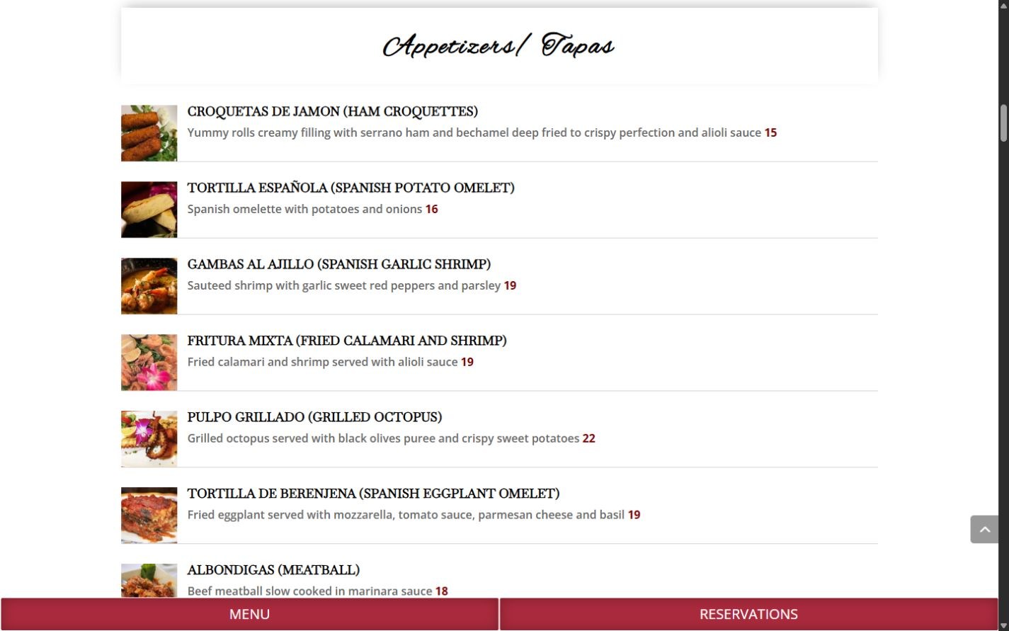 Original Españolita tapas menu with dish thumbnails, descriptions, and prices
