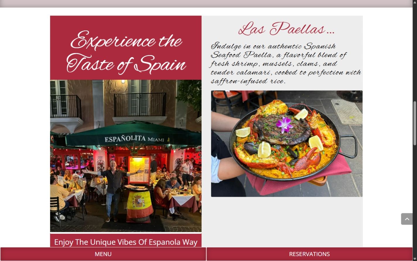 Original Españolita story with a restaurant exterior photograph, Spanish dining introduction, and paella section