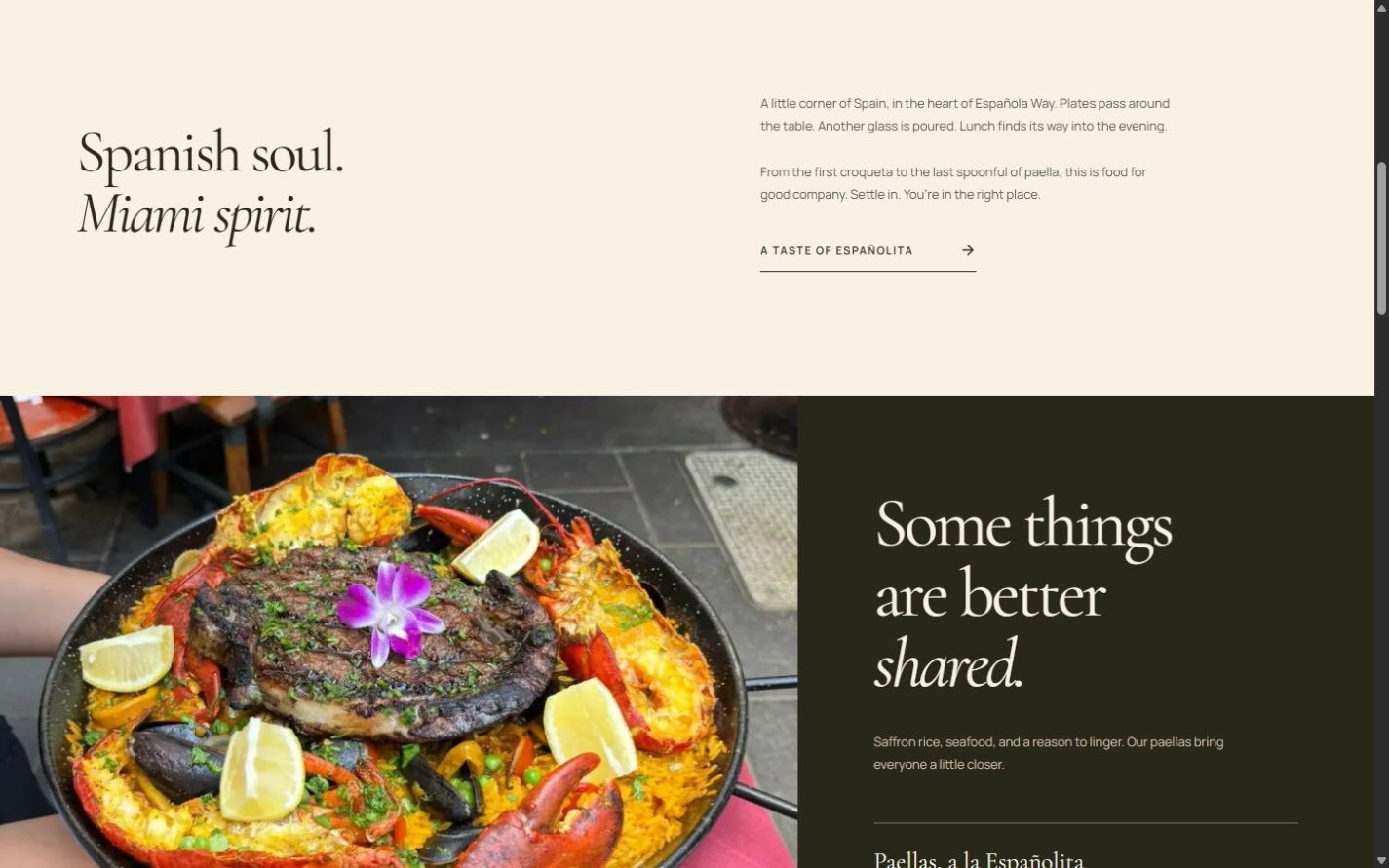 Proposed Españolita story with Spanish soul. Miami spirit. typography and a paella photograph below