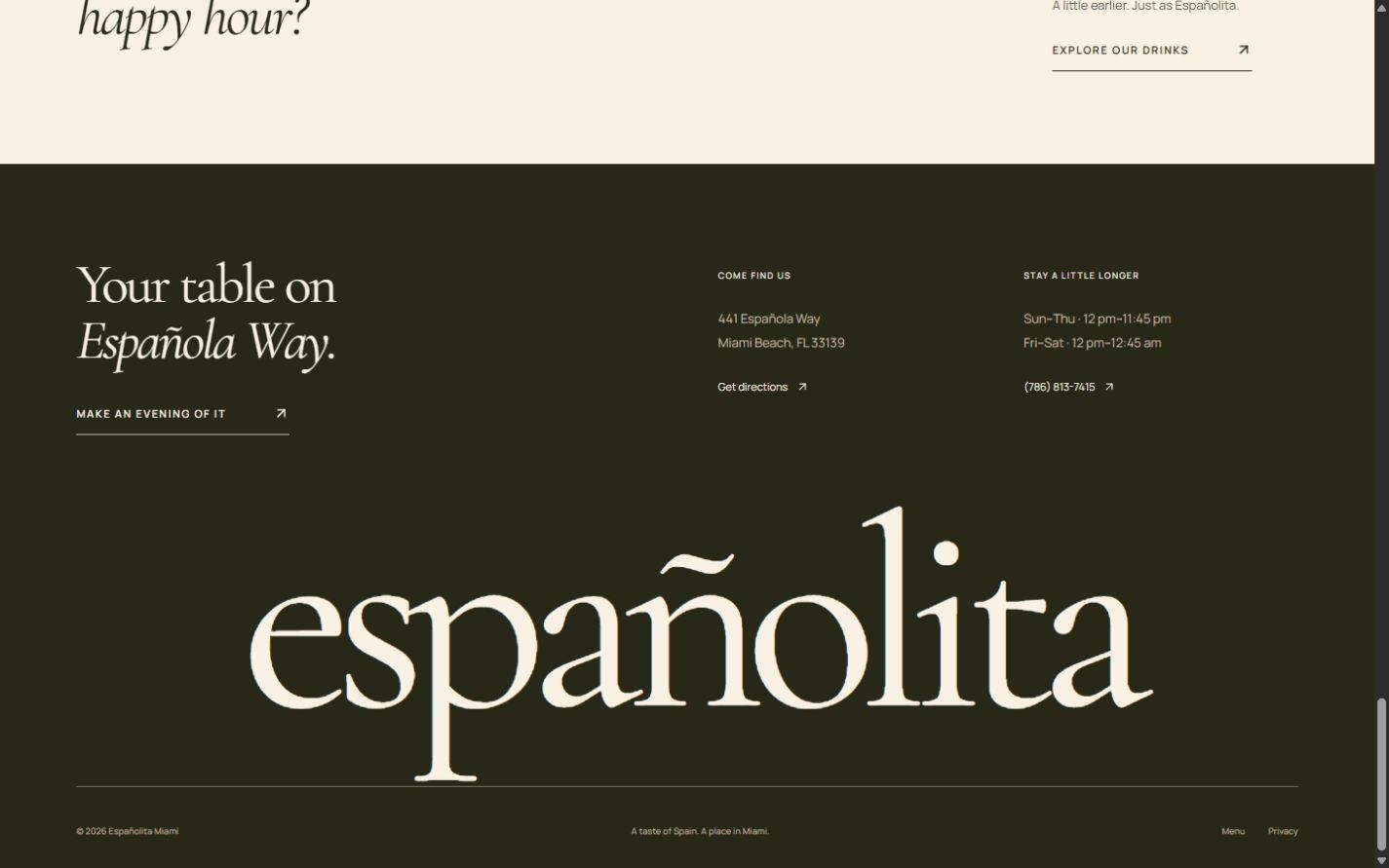 Proposed Españolita visit section with address, hours, directions, reservations, and a large wordmark