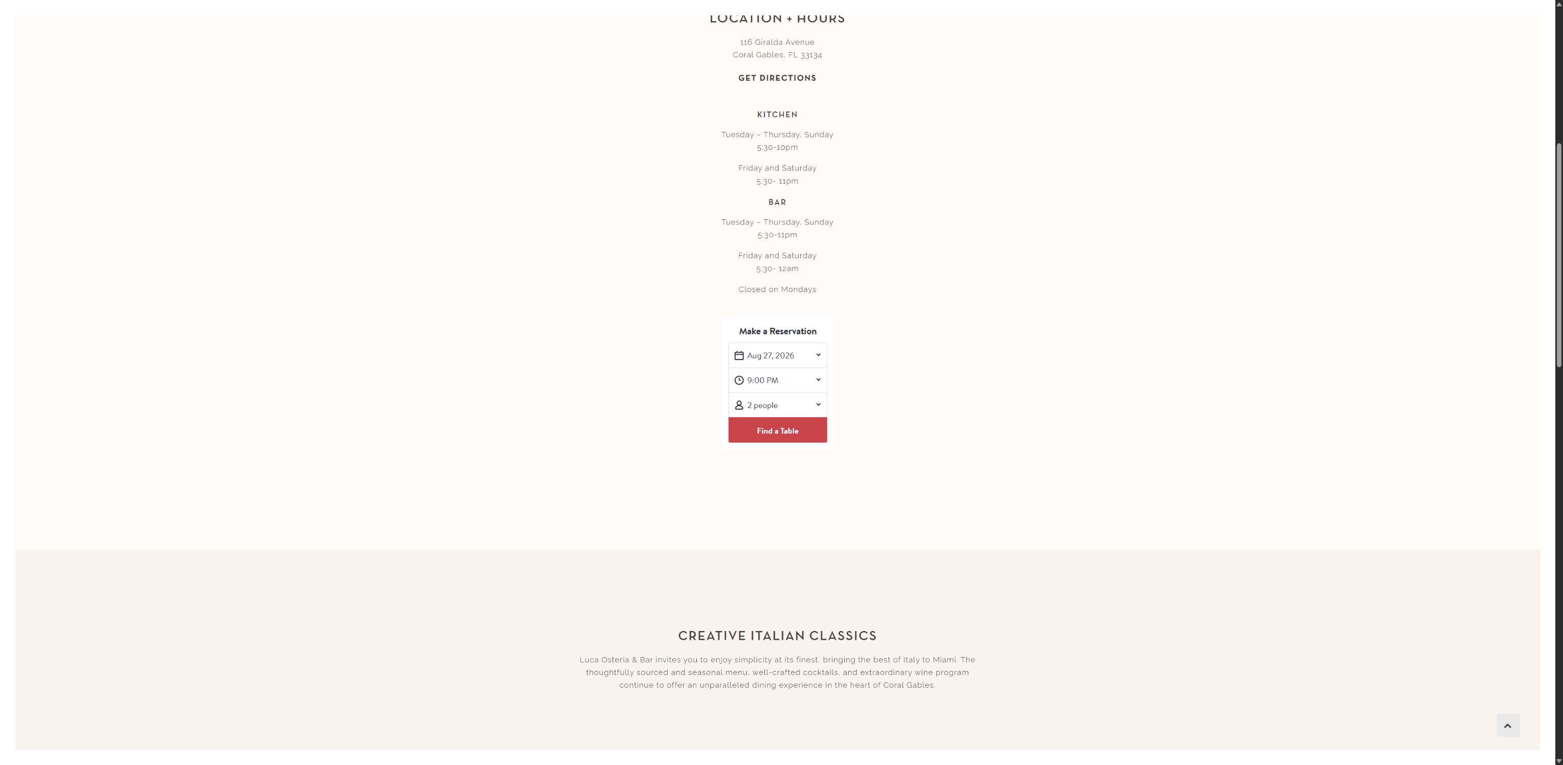 Current public Luca Osteria site showing location, hours, reservation, and restaurant introduction content