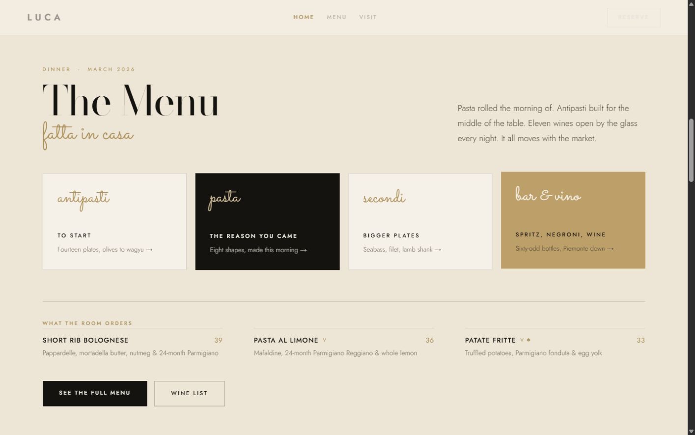 Proposed Luca Osteria menu section with seasonal dishes and editorial typography