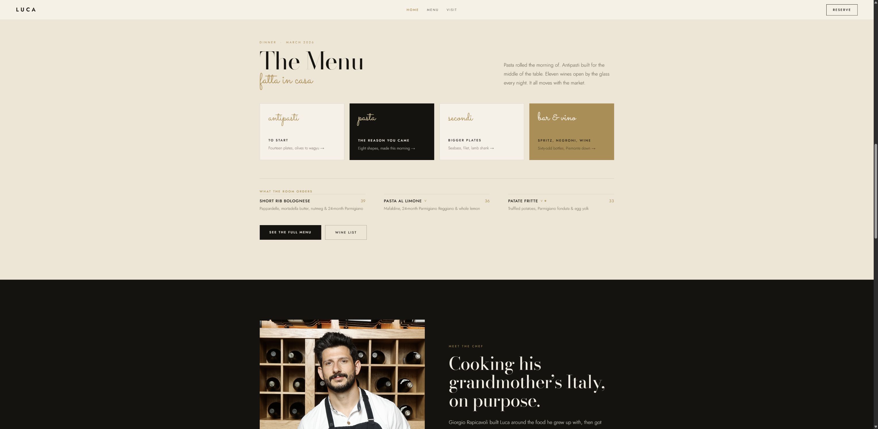 Proposed Luca Osteria menu section with seasonal dishes and editorial typography