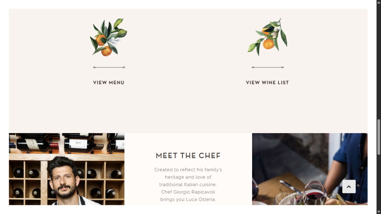 Current public Luca Osteria page showing links to its menu and wine list above the chef section