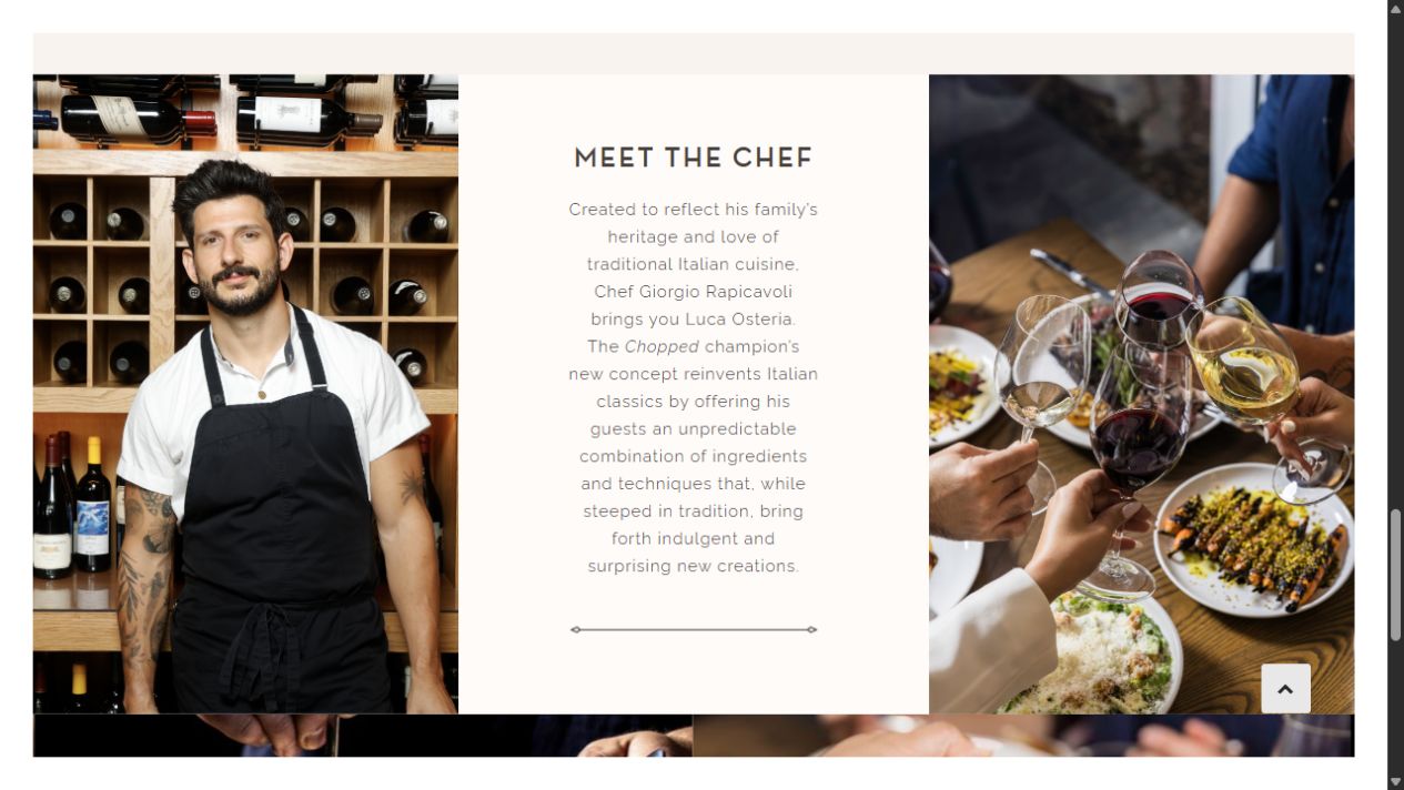 Current public Luca Osteria chef section with a portrait, restaurant story, and dining photograph