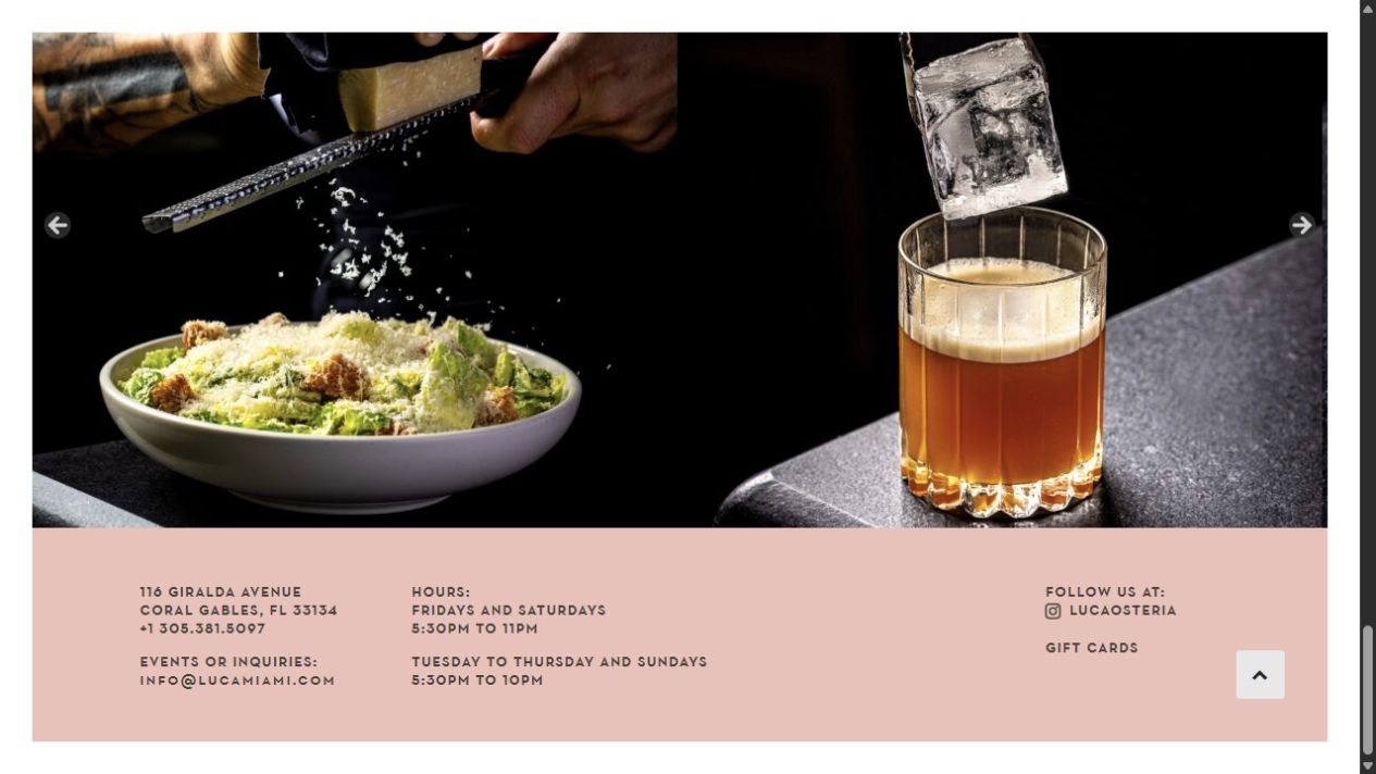 Current public Luca Osteria footer with address, phone number, hours, and contact information